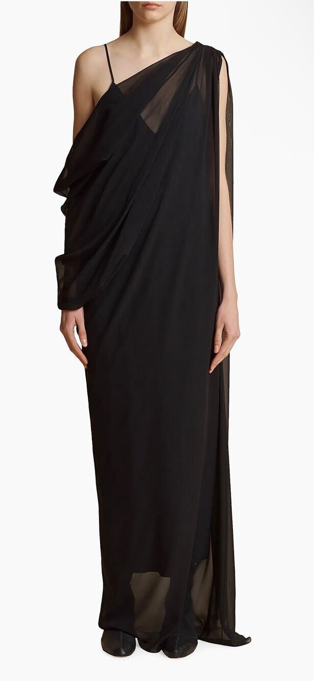 KHAITE Taj Long Draped Silk Dress In Black US 6 $2900